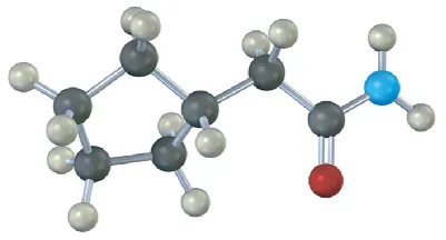 Ball-and-stick model shows cyclopentane ring with a C H 2 C O N H 2 group as a side chain. The blue and reddish-brown spheres represent nitrogen and bromine, respectively.