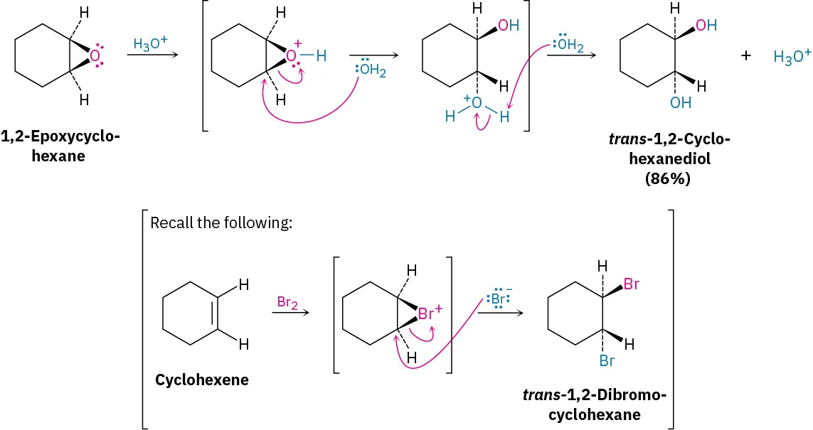 A reaction mechanism shows 1,2-epoxycyclohexane reacting with hydronium ion and water to form trans-1,2-cyclohexanediol (86 percent yield). At the bottom, cyclohexene reacts with bromine to form trans-1,2-dibromocyclohexane.