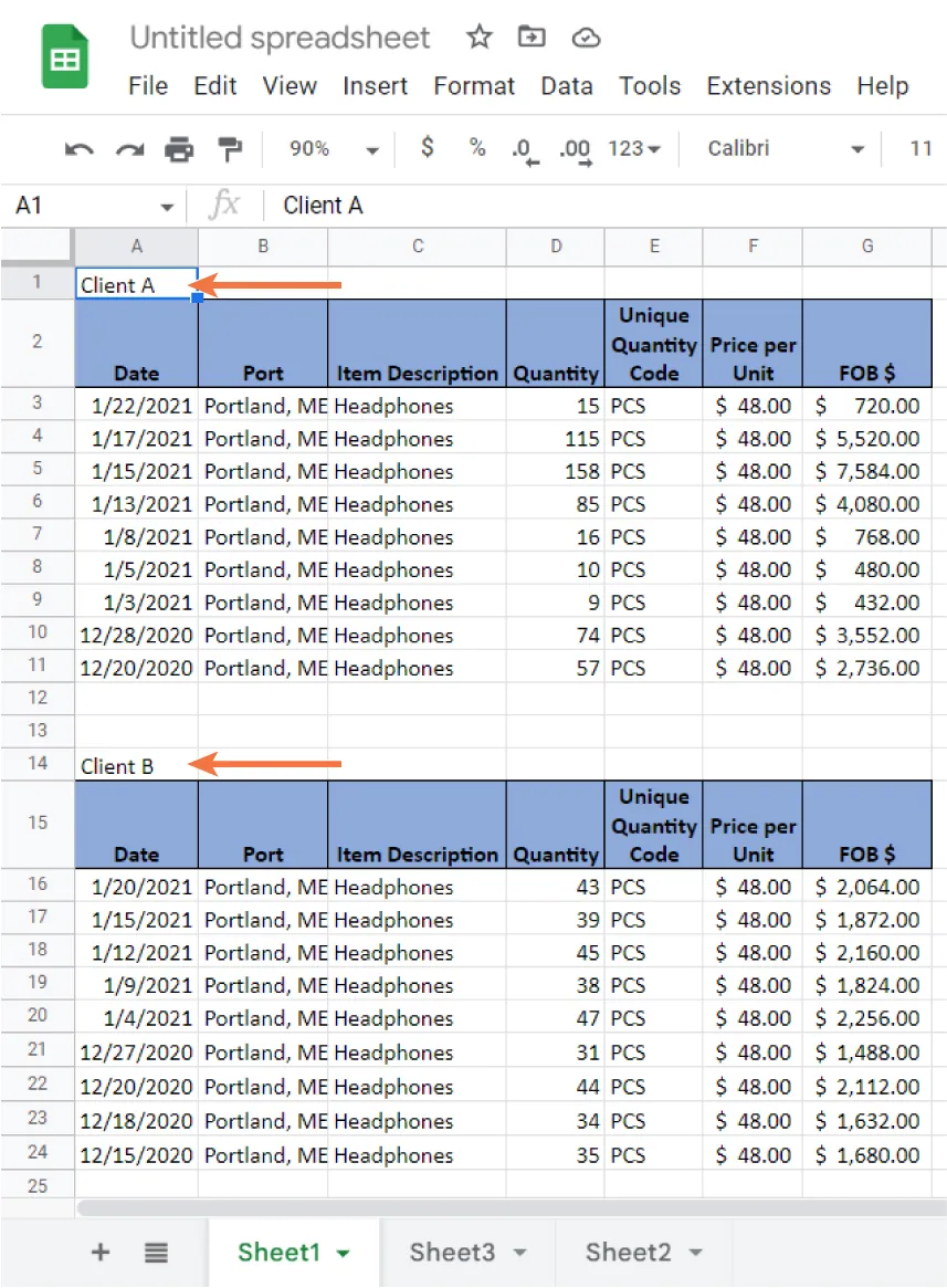 Two spreadsheets are visible. The top spreadsheet is labeled Client A. The lower spreadsheet is labeled Client B.