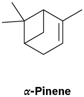 The structure of alpha-pinene in which cyclohexene has a methyl group on C 1, two methyl groups on C 3, and two methyl groups connected inside the ring.