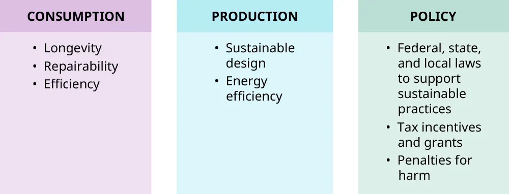 Sustainable Production and Consumption areas: Consumption: longevity, repairability, efficiency; Production: sustainable design, energy efficiency; Policy: federal, state, and local laws to support sustainable practices, tax incentives and grants, penalties for harm.