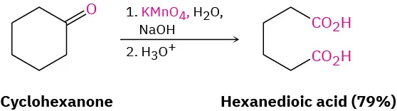 Cyclohexanone reacts first with potassium permanganate, water, sodium hydroxide, then with hydronium to form hexanedioic acid (79 percent), a six-carbon chain with carboxylic acid groups at the terminal positions.