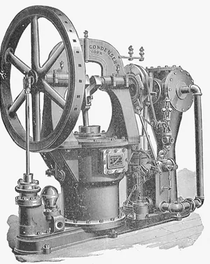 A black and white illustration of an early steam engine is shown.