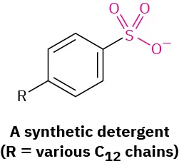 A synthetic detergent with R equals various carbon 12 chains. Benzene ring with a sulfur double bonded to two oxygens and single bonded to one oxygen negative and R group.
