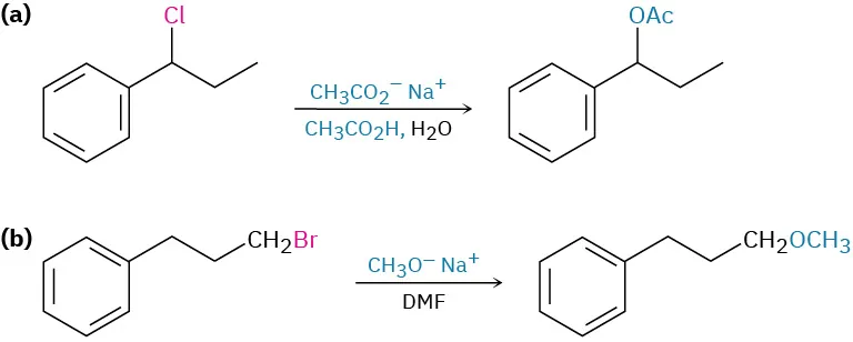 1-chloropropylbenzene reacts with sodium acetate in acetic acid and water. Chlorine in the reactant is replaced by O Ac in the product. 3-bromopropylbenzene reacts with sodium methoxide in dimethylformamide. Bromine in the reactant is replaced by methoxy group in the product.