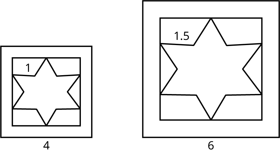 Two figures. Each figure shows two concentric squares. The inner square encloses a star. In the first figure, the outer square measures 4. The sides of the star measure 1. In the second figure, the outer square measures 6. The sides of the star measure 1.5.
