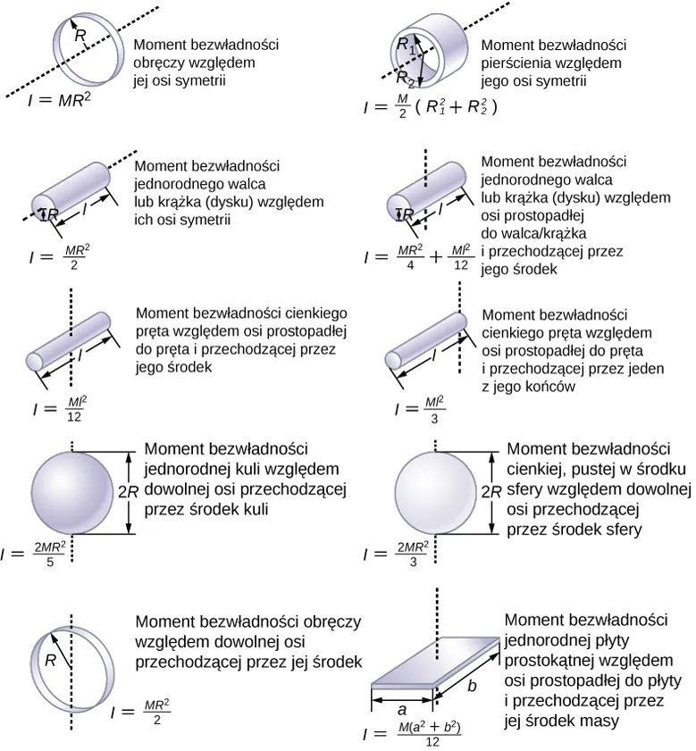 Rysunek przedstawia 10 obracających się obiektów. Są na nim obręcz obracająca się wokół osi cylindra, pierścień lub dysk rotujący wokół osi cylindra, cienki pręt obracający się wokół osi przechodzącej przez środek kuli obracającej się wokół średnicy, obręcz obracająca się wokół średnicy, pierścieniowy cylinder obracający się wokół osi cylindra, cylinder lub dysk obracający się wokół środka średnicy, cienki drążek obracający się wokół osi przechodzącej przez jeden z końców prostopadłych do długości, cienka pusta sfera bez żadnej średnicy, płyta o osi prostopadłej przechodzącej przez środek. 