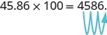 45.86 times 100 is shown to equal 4586. There is an arrow from the decimal going over 2 places from after the 5 to after the 6.