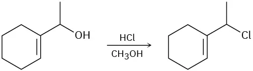 A secondary alcohol reacts with HCl and methanol. Hydroxyl in the reactant is replaced by chlorine in the product.