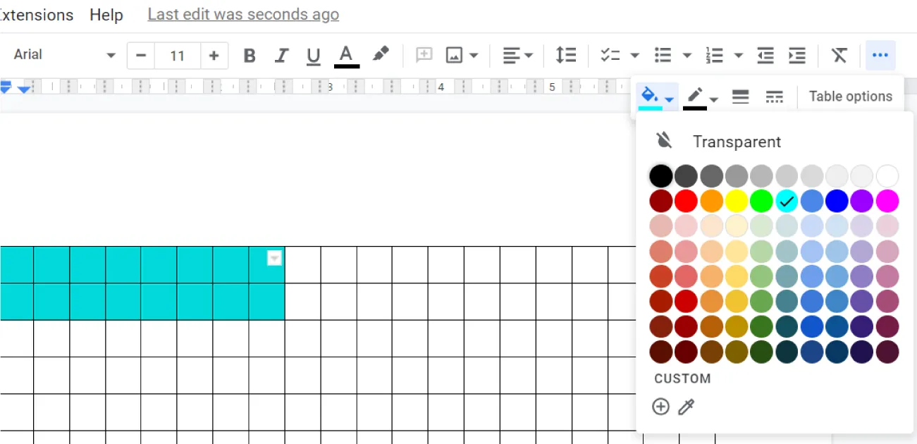 An 8 x 2 section of a larger table is filled in with a teal color. Background color is selected and displays Transparent, colors, and Custom options for selection.