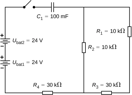 Pokazany jest obwód dodatniego zacisku źródła napięcia V ze znakiem 1 o wartości 24 V łączący ujemny zacisk źródła napięcia V ze znakiem 2 o wartości 24 V. Zacisk dodatni V ze znakiem 2 jest połączony z otwartym przełącznikiem. Drugi koniec przełącznika jest podłączony do kondensatora C ze znakiem 1 o wartości 100 mF, który jest połączony z dwiema równoległymi gałęziami, jedną z opornikiem R ze znakiem 2 i oporem 10 kΩ i drugą z R ze znakiem 1 z oporem 30 kΩ. Dwie gałęzie śa połączone ze źródłem napięcia V ze znakiem 1 poprzez 30 kΩ opornik R ze znakiem 4.