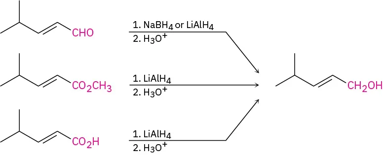 Reactions of aldehyde, ester, and carboxylic acid derivatives of the same alkene. Each reacts with sodium borohydride or lithium aluminum hydride, then hydronium to form the same primary alcohol product.