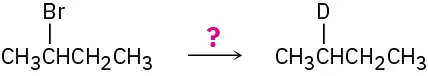 The reaction of 2-bromobutane with an unknown reagent represented by a question mark to form a product in which Br is replaced by D.