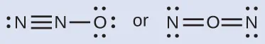Two Lewis structures are shown with the word “or” in between them. The left structure depicts a nitrogen atom with one lone pair of electrons triple bonded to a nitrogen that is single bonded to an oxygen with three lone pairs of electrons. The right structure shows a nitrogen atom with two lone pairs of electrons double bonded to an oxygen atom that is double bonded to a nitrogen atom with two lone pairs of electrons.