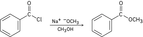 Benzoyl chloride reacts with sodium methoxide in methanol to form methyl benzoate. The product structure has a benzene ring and a methoxy group attached to a central carbonyl group.