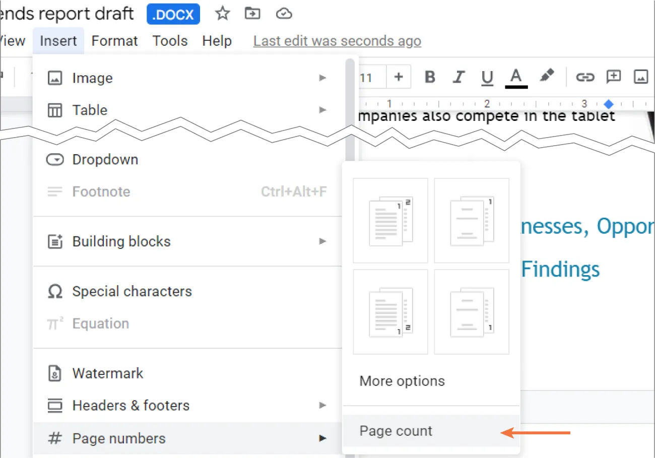 Insert tab opens to options for Image, Table, Dropdown, Footnote, Building Blocks, Special characters, Equation, Watermark, Headers & Footers, and Page numbers. Page numbers opens to More options and Page count.