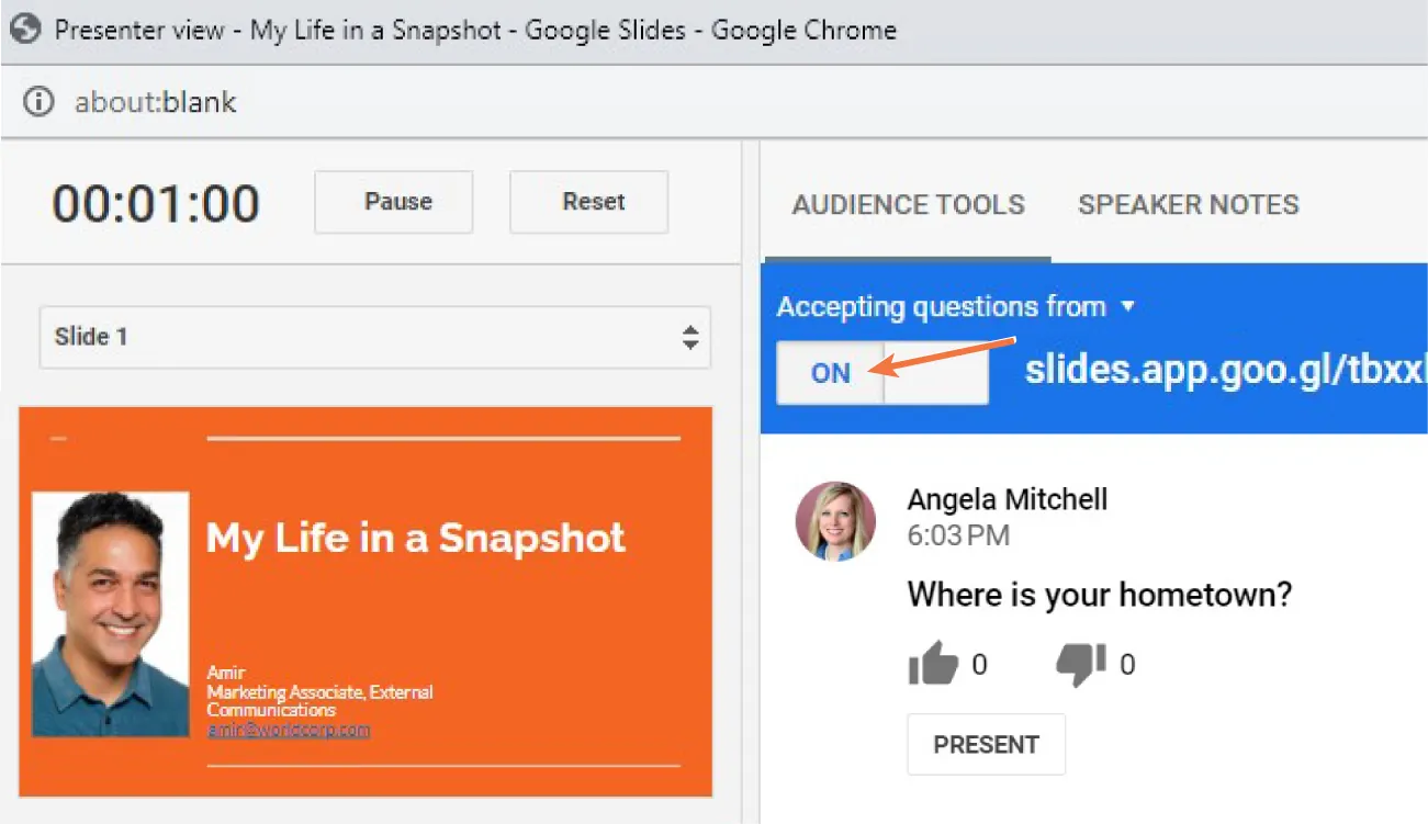 A screenshot of the Presenter view with the Accepting questions feature turned on is shown.