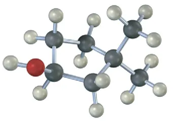 The ball-and-stick model has a cyclopentane ring. C1 is bonded to a hydroxyl group. C3 is bonded to two methyl groups. The red sphere denotes oxygen.