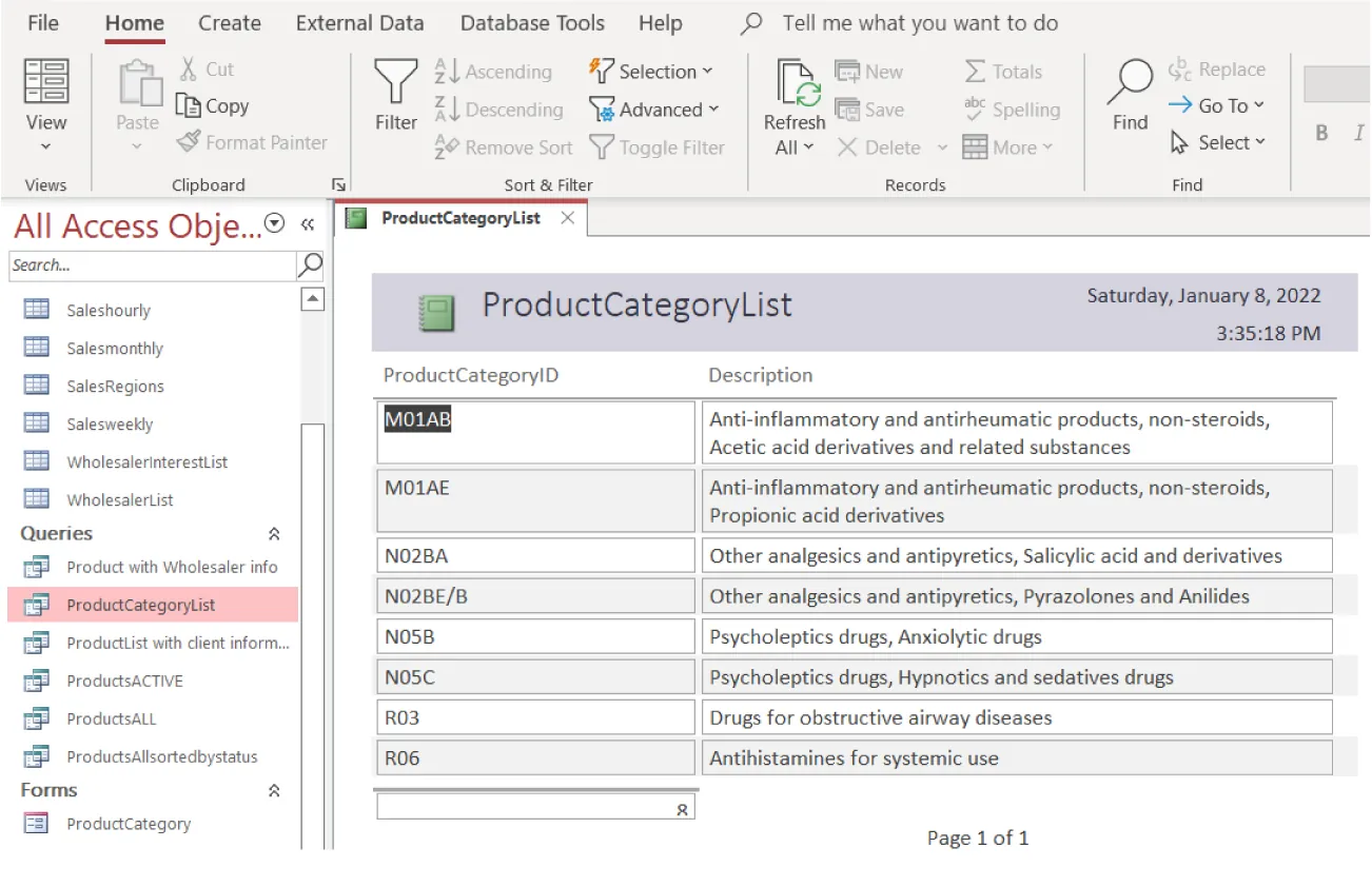 ProductCategoryList selected from Queries in All Access sidebar. Report displays with header and Columns for ProductCategoryID and Description (populated with information in cells). Date/time listed at top.