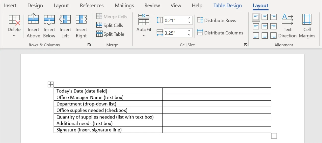 The Layout tab is selected on the Ribbon. In the document, a two columned table is shown with seven rows (table lines are visible). The second column is blank.