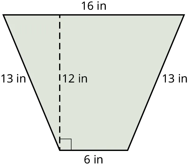 A trapezoid with its top and bottom sides marked 16 inches and 6 inches. The left and right sides are marked 13 inches. The height is marked 12 inches.