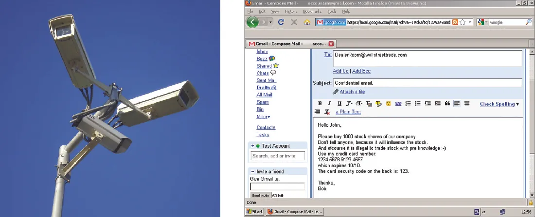 Left shows a surveillance camera. Right shows an e-mail sharing insider information about a stock purchase.