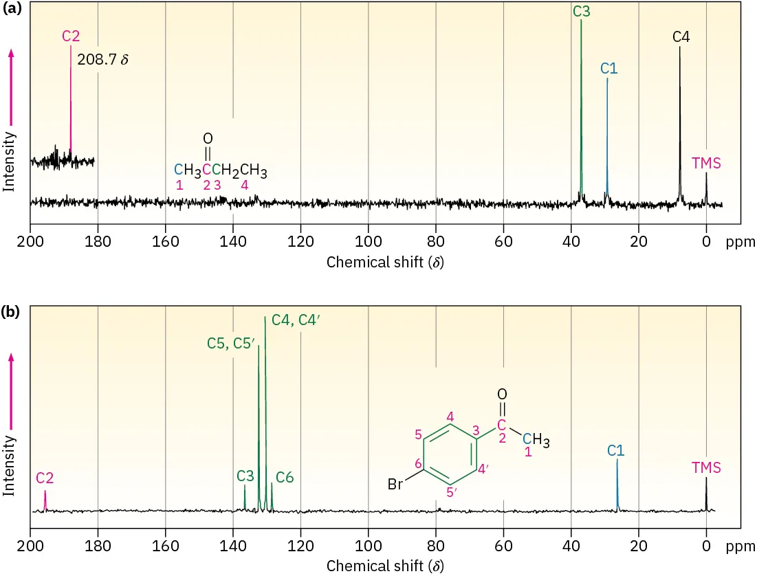 Carbon-13 N M R spectra of 2-butanone (peaks at 9, 32, 38, 208) and para-bromoacetophenone (peaks at 26, 129, 131, 134, 137, and 195).