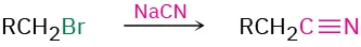 Alkyl bromide reacts with sodium cyanide to produce a nitrile. Cyanide carbon becomes nitrile carbon.