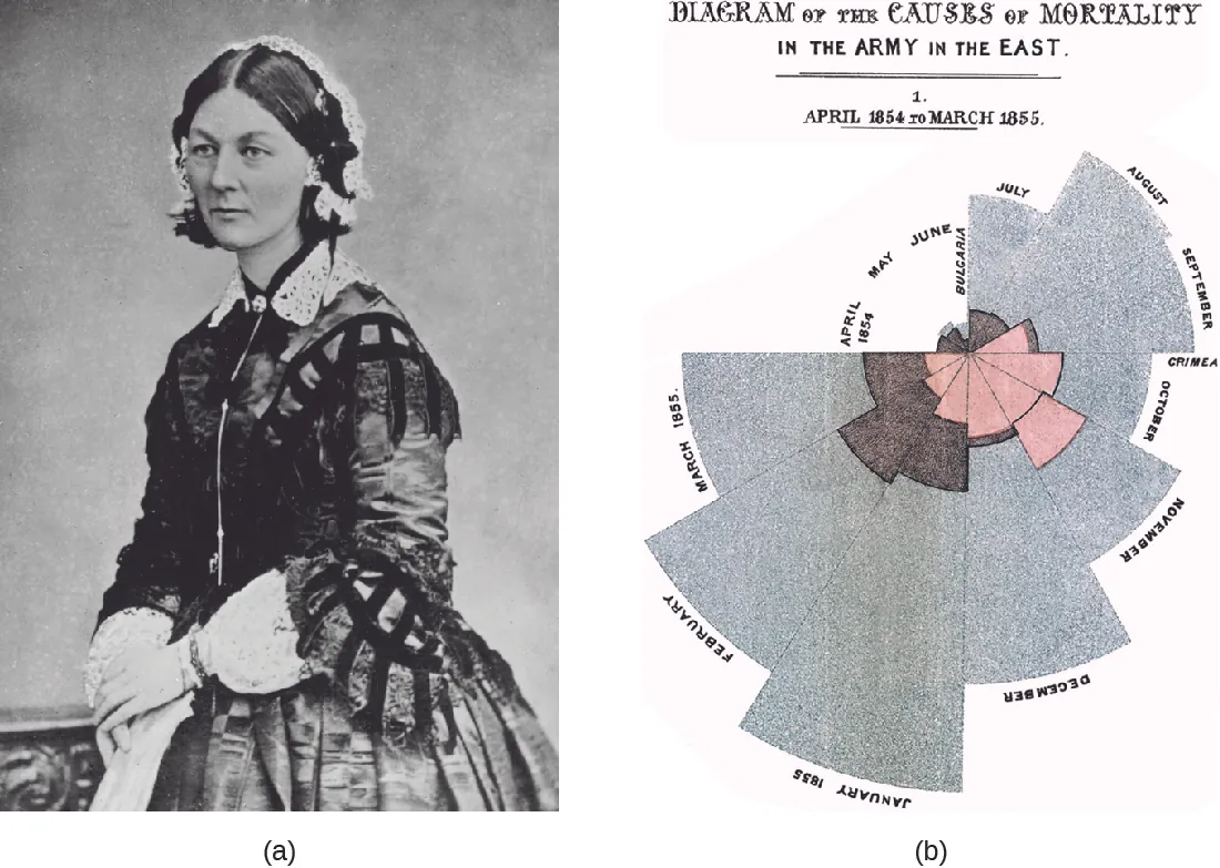 Florence Nightingale and a diagram with a wedge for each moth three different colors show different causes of death.