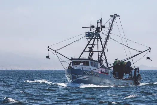 An image of a commercial fishing boat with several nets and a tall mast. The boat is floating on the surface of a large body of water.