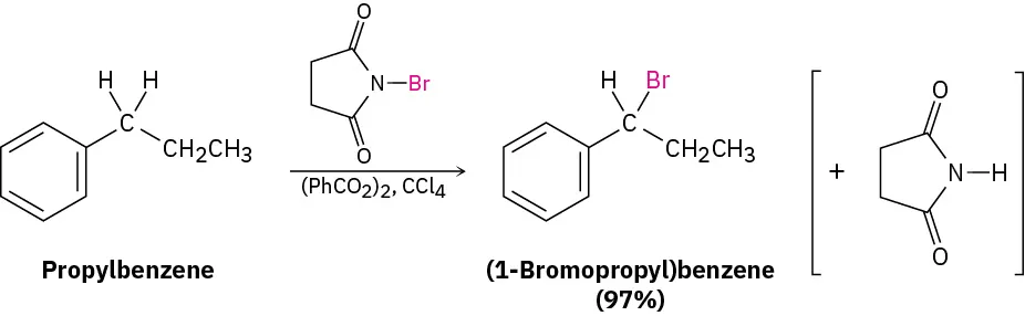 In C C l 4, propylbenzene reacts with N-bromosuccinimide in the presence of (P h C O 2) 2 to form (1-Bromopropyl)benzene in 97 percent yield and succinimide.