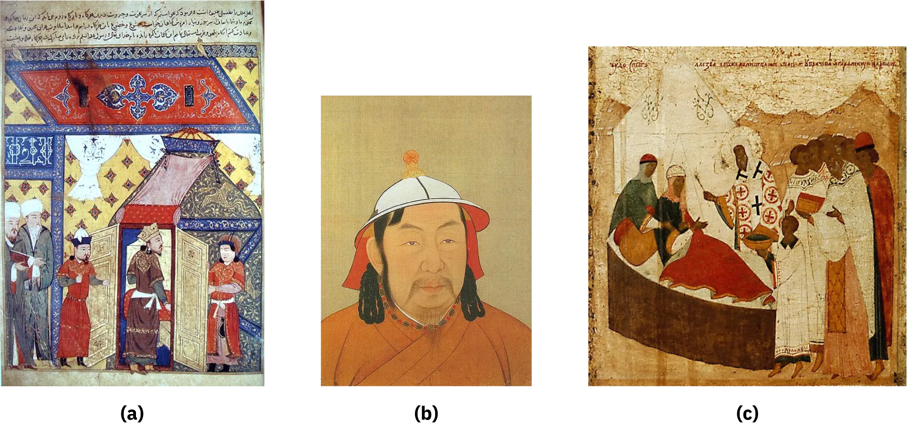 Three images are shown. (a) A faded and stained image shows three rows of script across the top on a faded white background. Below, a slanted ornately decorated roof of a building is seen with red, blue, yellow, black and white designs with a small yellow bird at the both ends. Inside, white drapes tied in a knot can be seen hanging from the ceiling in front of yellow walls with red and blue diamond shaped decorations. At the left forefront, two men in white turbans, gray robes, and white and brown beards are seen standing. One holds his hands straight out in front of him while the other holds his hands in front of his chest. In the right forefront, a highly decorated tent is seen in blue, gray, yellow, white, and red with gold doors opening out. At either side of the open gold doors, a person in a long red robe stands with a belt, and cap – one black and white and one red. In the doorway of the tent, a person in a brown robe with gold trim over a green shirt wearing a gold crown walks into the tent. Multiple colored objects are seen inside the tent. (b) An image of a man is shown on a pale greenish woven background. He wears a white domed hat with an orange and yellow object at the top. The underside of the hat is red and red cloth hangs from the back of the hat past his ears. He has an oval face, small almond shaped eyes, and a brown textured moustache and beard. Black hair is seen from under his hat and in long strands behind his head. He wears an orange robe folded over to the right and a decorative black and red beaded necklace at his neck. (c) In the left forefront, a faded and worn image shows a person laying on a curved, brown bed under a red blanket with an orange pillow and white sheets. They wear a white domed cap with yellow cloth hanging down the sides and a black robe. Behind them stands a person in a dark green robe with gold trimmed sleeves and a red cap with gray cloth hanging down from the sides. To the right of the person in the bed a figure stands in a white robe decorated with black crosses and red ones in orange circles. They wear a large round hat and have a brown beard. A small brown stick is seen in their right hand being held toward the person in the bed. To the right, seven people stand in white robes, one in blue and red, watching the scene on the bed. At the foot of the bed, a short person in a white robe with gold trim at the edges holds a brown bowl with black inside toward the person with the crosses on their robes. In the background a white tent can be seen with black designs on top and brown mountains.