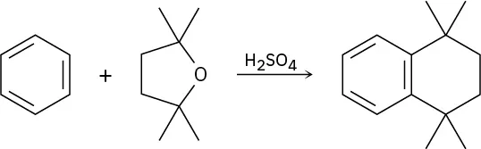 Benzene reacts with a five-membered ring compound made up of one oxygen and four carbons with two methyl groups on each of the two carbons next to the O atom. A fused product is formed.