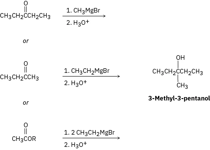 Three ways to make 3-methyl-3-pentanol: 2-pentanone with methylmagnesium bromide, then hydronium; 2-butanone with ethylmagnesium bromide, then hydronium; alkyl acetate with two equivalents ethylmagnesium bromide, then hydronium.