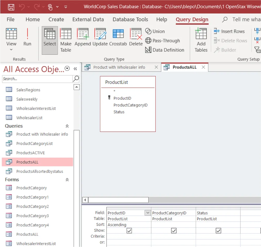 Select button in Query Design tab selected. All Access sidebar selects ProductsALL from Queries. ProductList query open in window and table with reflected information along bottom.
