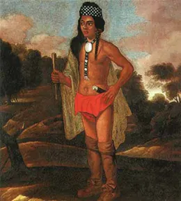A 1681 painting depicts Niantic-Narragansett chief Ninigret. He wears what appear to be animal-skin footwear and loincloth, along with a patterned fabric headband, a fabric cloak, and a necklace that includes a round metallic piece.