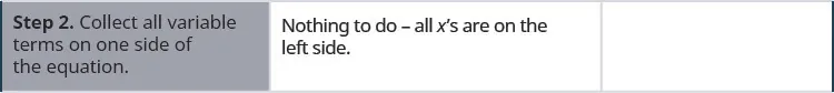 In the second row of the table, the first cell says: “Step 2. Collect all variable terms on one side of the equation.” In the second cell, the instructions say: “Nothing to do—all x’s are on the left side. The third cell is blank.