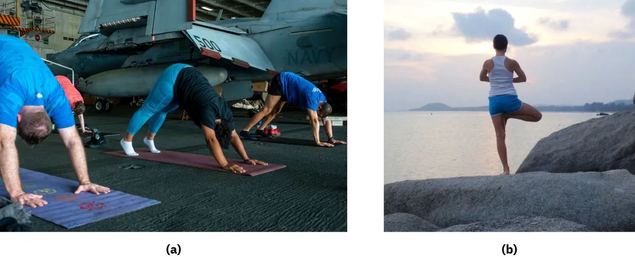 Photographs showing (a) people practicing the downward-dog pose, (b) person standing on one leg