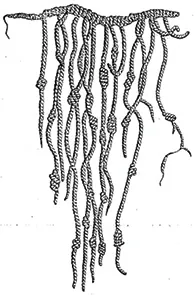 An Inca quipu is shown, a string with a number of thinner, knotted strings dangling from it.