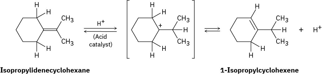 A 2-step reversible reaction shows isopropylidenecyclohexane in the presence of acid catalyst forming 1-isopropylcyclohexene via a carbocation intermediate.