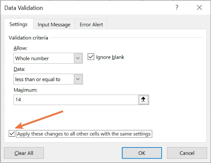 Data Validation pane displays box checked for Apply these changes to all other cells with the same setting.