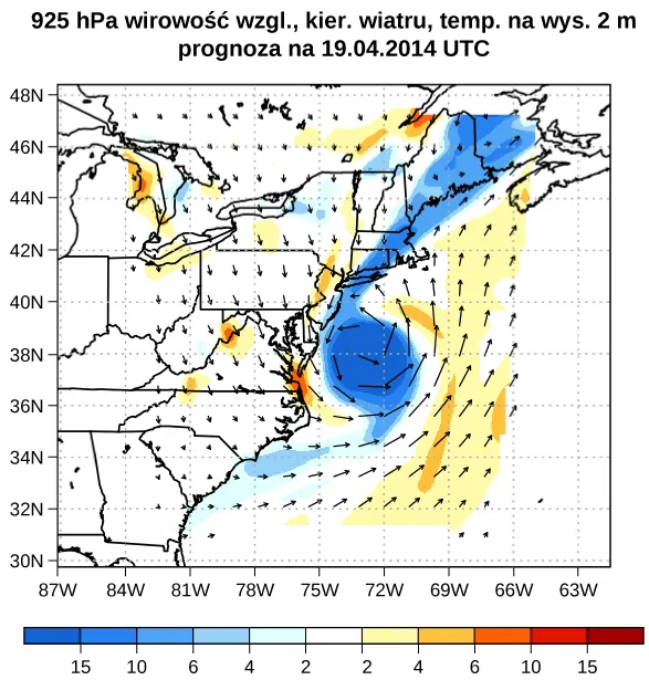 Ilustracja przedstawia mapę ciśnień huraganu Artur przemieszczającego się wzdłuż Wschodniego Wybrzeża. Centrum niskiego ciśnienia oznaczono niebieską kropką. Prędkość wiatru jest najwyższa w pobliżu centrum niskiego ciśnienia, a wiatry poruszają się w kierunku przeciwnym do ruchu wskazówek zegara wokół tego punktu.