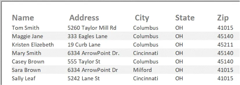 A table is displayed with columns labeled Name, Address, City, State, and Zip. Information fills the rows below.