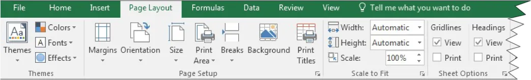 Excel Page Layout tab command groups: Themes (Themes, Colors, Fonts, Effects), Page Setup (Margins, Orientation, Size, Print Area, Breaks, Background, Print Titles), Scale to Fit (Width, Height, Scale), Sheet Options (Gridlines, Headline).
