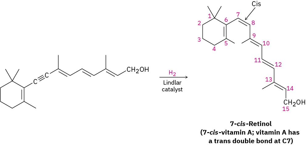 An alkyne reacts with hydrogen and Lindlar catalyst to give 7-cis-retinol (7-cis-vitamin A; vitamin A has a trans double bond at C7).