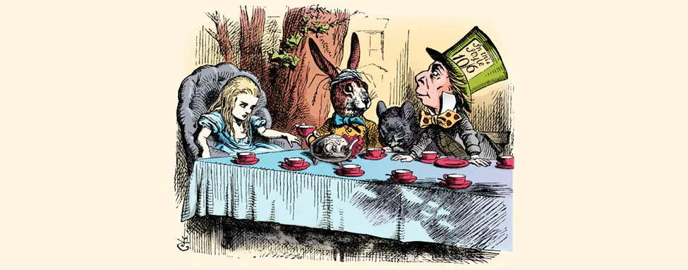 An image from the book Alice in Wonderland is shown. Alice is attending a tea party with the Mad Hatter and the White Rabbit.