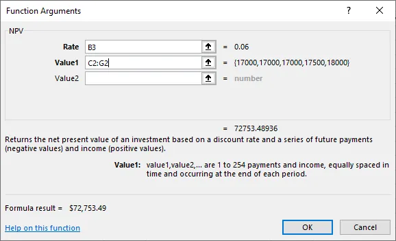 The NPV function in Excel shows the drop-down menu with the Rate cell value open parenthesis B3 close parenthesis and Value 1 open parenthesis C2 colon G2 close parenthesis. The formula result is $72,753.49.