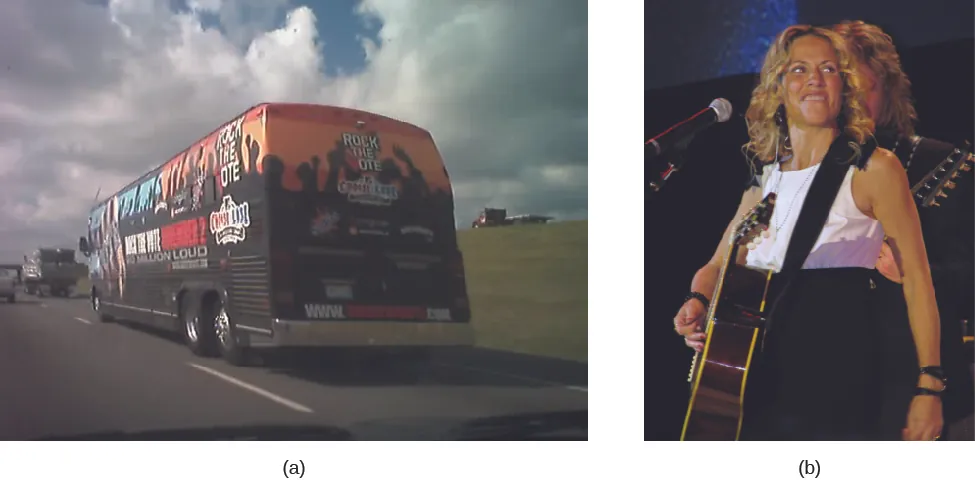 Image A is of a tour bus driving along a road. Print on the back of the bus reads “Rock the Vote”. Image B is of Sheryl Crow holding a guitar.