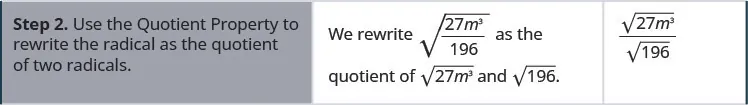 The second step in the process is to use the quotient property to rewrite the radical as the quotient of two radicals. We rewrite the square root of the quantity 27 m cubed divided by 196 in parentheses as the quotient of the square root of the quantity 27 m cubed in parentheses and the square root of 196.