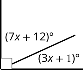 A horizontal line and a vertical line intersect each other forming a right angle. A line originates from the intersection of the horizontal and vertical lines. This line makes an angle, 3 x plus 1 degrees with the horizontal line. This line makes an angle, 7 x plus 12 degrees with the vertical line.
